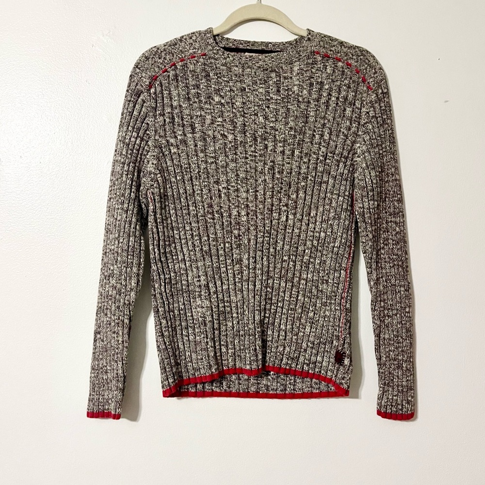 Timberland Gray Marled Red Trim Ribbed Heavy Knit Long Sleeve Sweater Size M